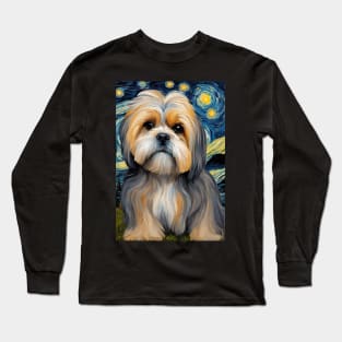 Lhasa Apso Dog Breed Painting in a Van Gogh Starry Night Art Style Long Sleeve T-Shirt